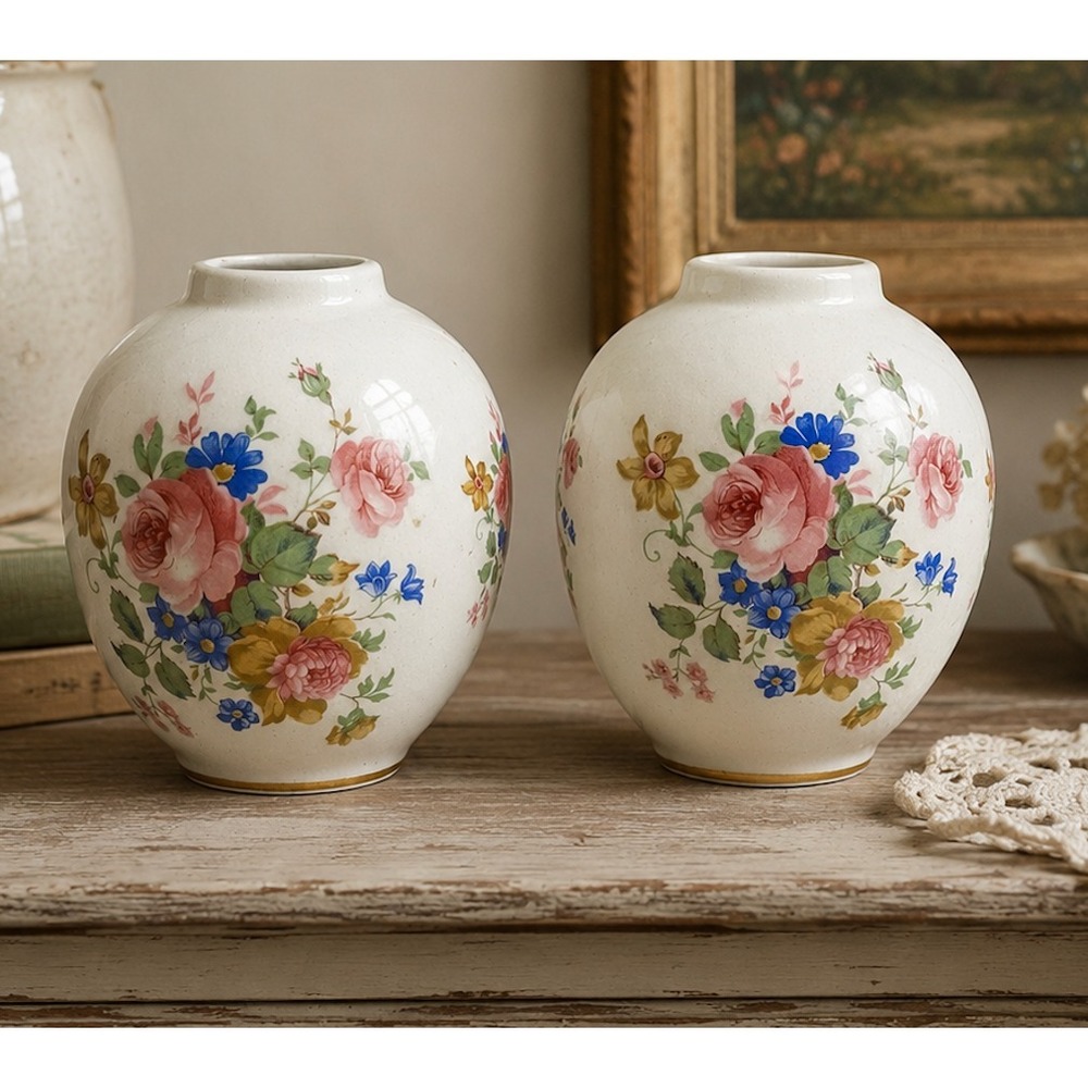 Old South Floral Bud Vase Pair White Ceramic Pink Blue Flowers Gold Trim